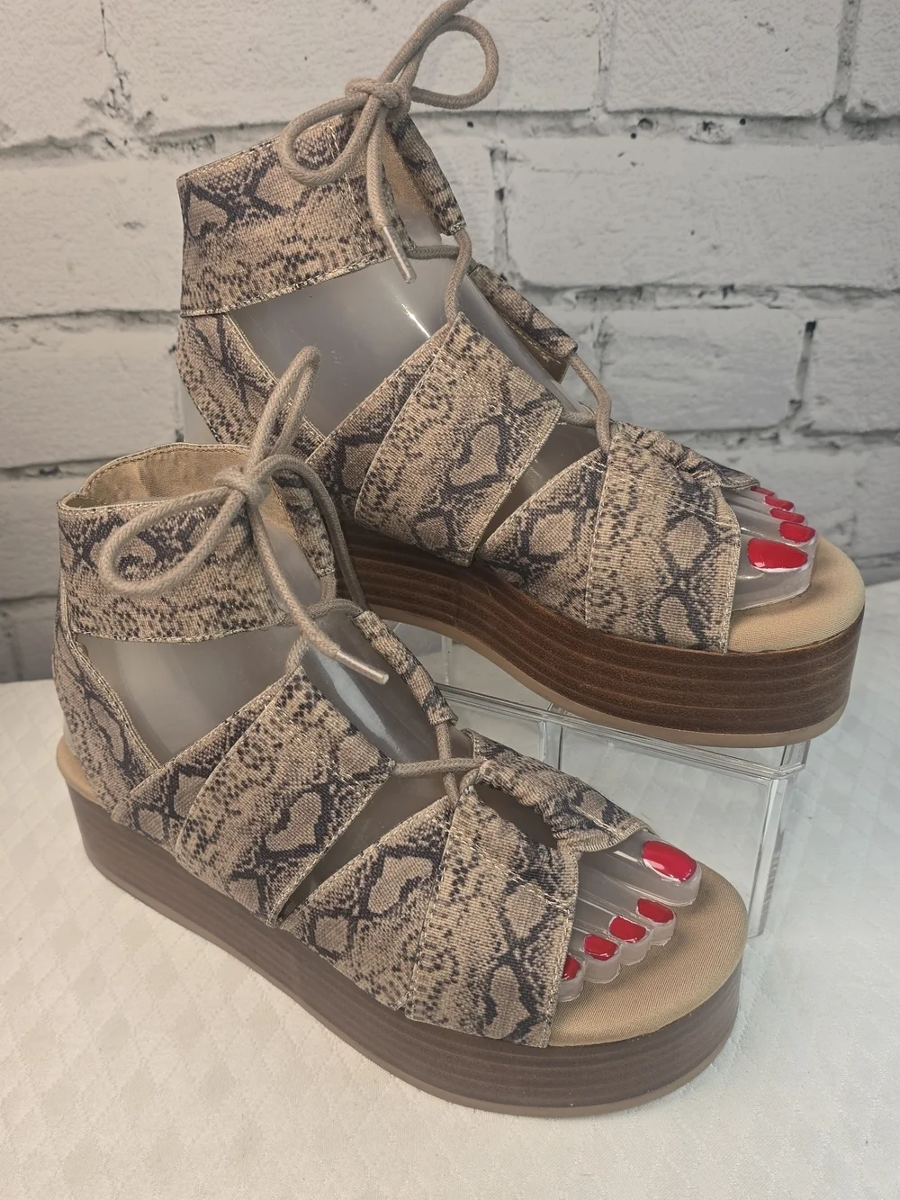 KELSI DAGGER SNAKE SKIN BEIGE LACE-UP PLATFORM SANDAL BOHO Y2K WOMENS 5.5
